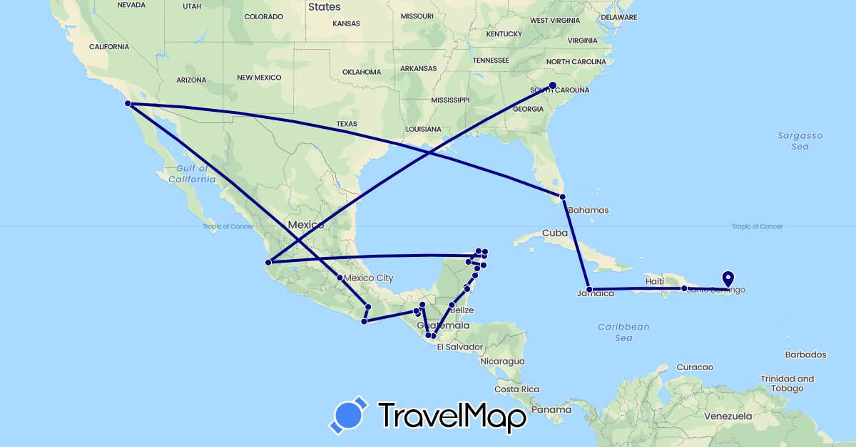 TravelMap itinerary: driving in Dominican Republic, Guatemala, Jamaica, Mexico, United States (North America)